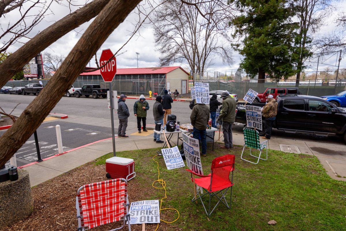 Members of the striking Teamsters Local 2010 union picket along Legion Ave, behind Estom Jamani Hall on Wednesday,  in Chico. The teamsters are on the second day of a planned 4-day strike, taken in response to what they say is the CSU system exploiting a loophole in their contract to deny planned raises.
Photo taken by Dash Ferrero on Sept. 18, 2026.