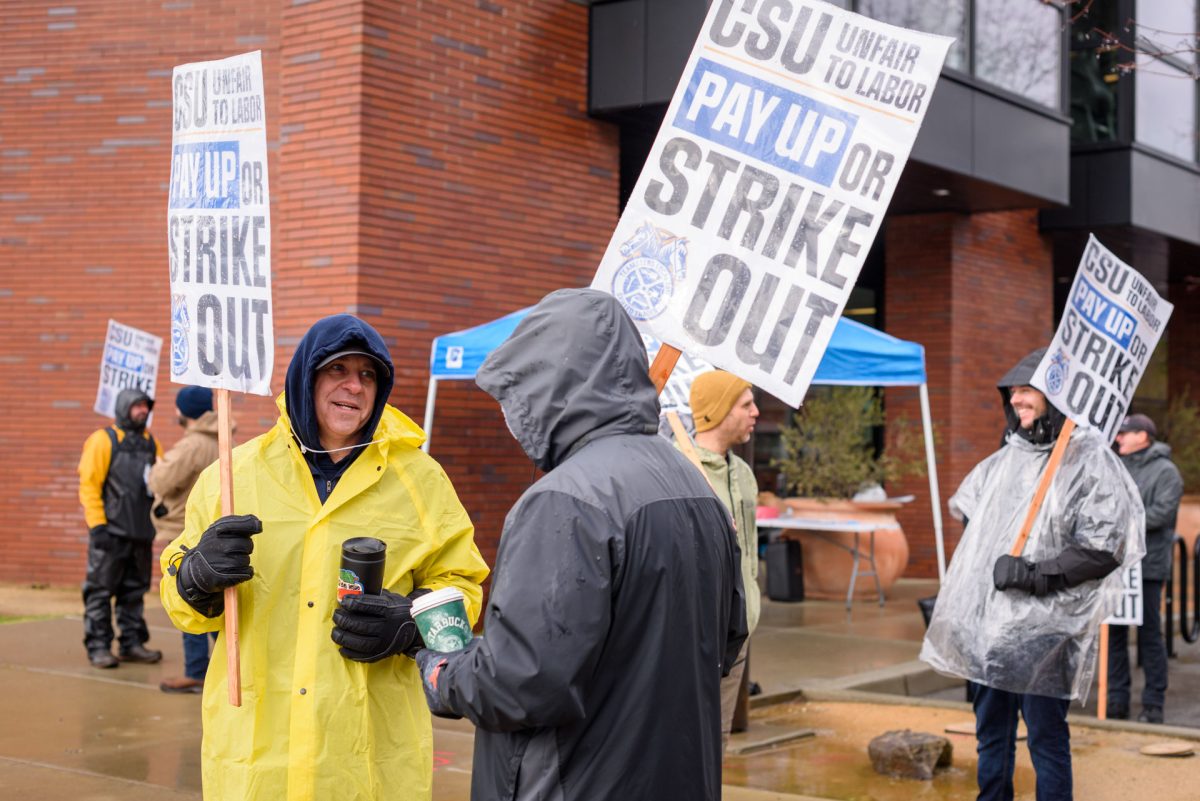 Members of  the striking Teamsters Local 2010 union picket outside the Wildcat Recreation Center (WREC). The teamsters are on the third day of a planned 4-day strike, taken in response to what they say is the CSU system exploiting a loophole in their contract to deny planned raises. Photo taken by Dash Ferrero on Feb. 19, 2026.