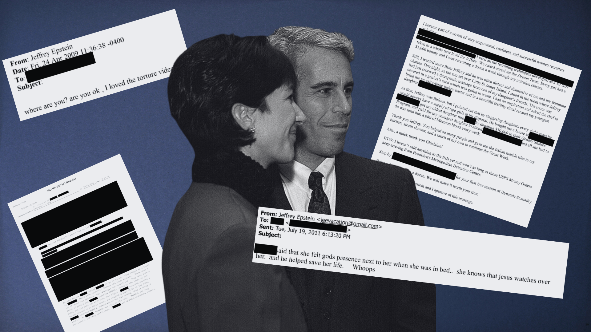 Photo collage showing DOJ restricted documents of files, EFTA01860044.pdf, EFTA00129111.pdf, EFTA00749241.pdf, and EFTA00158686.pdf. Graphic created by Brenden Masson on Feb. 27, 2026.