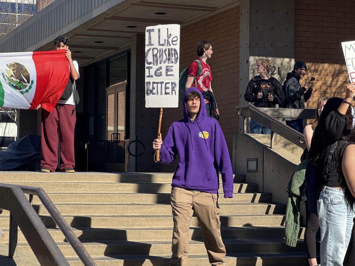 Students gather in front of City Hall, going from Chico's campus to downtown. Photo taken by Brenden Masson on Feb. 12, 2026.
