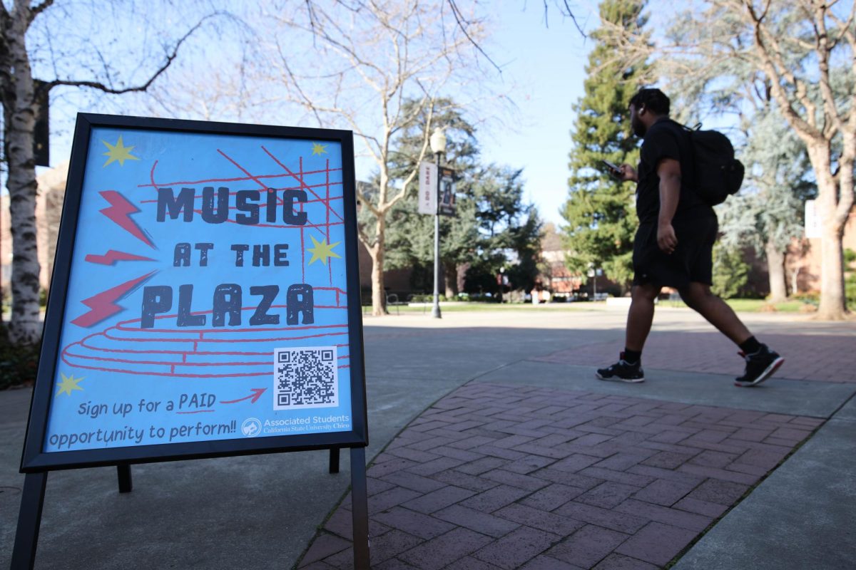 QR Codes to sign up for the opportunity to perform can be found on promotional posters around campus, in Chico, Calif., photo taken on Feb. 2, 2026 by Raquel G. Frohlich.
