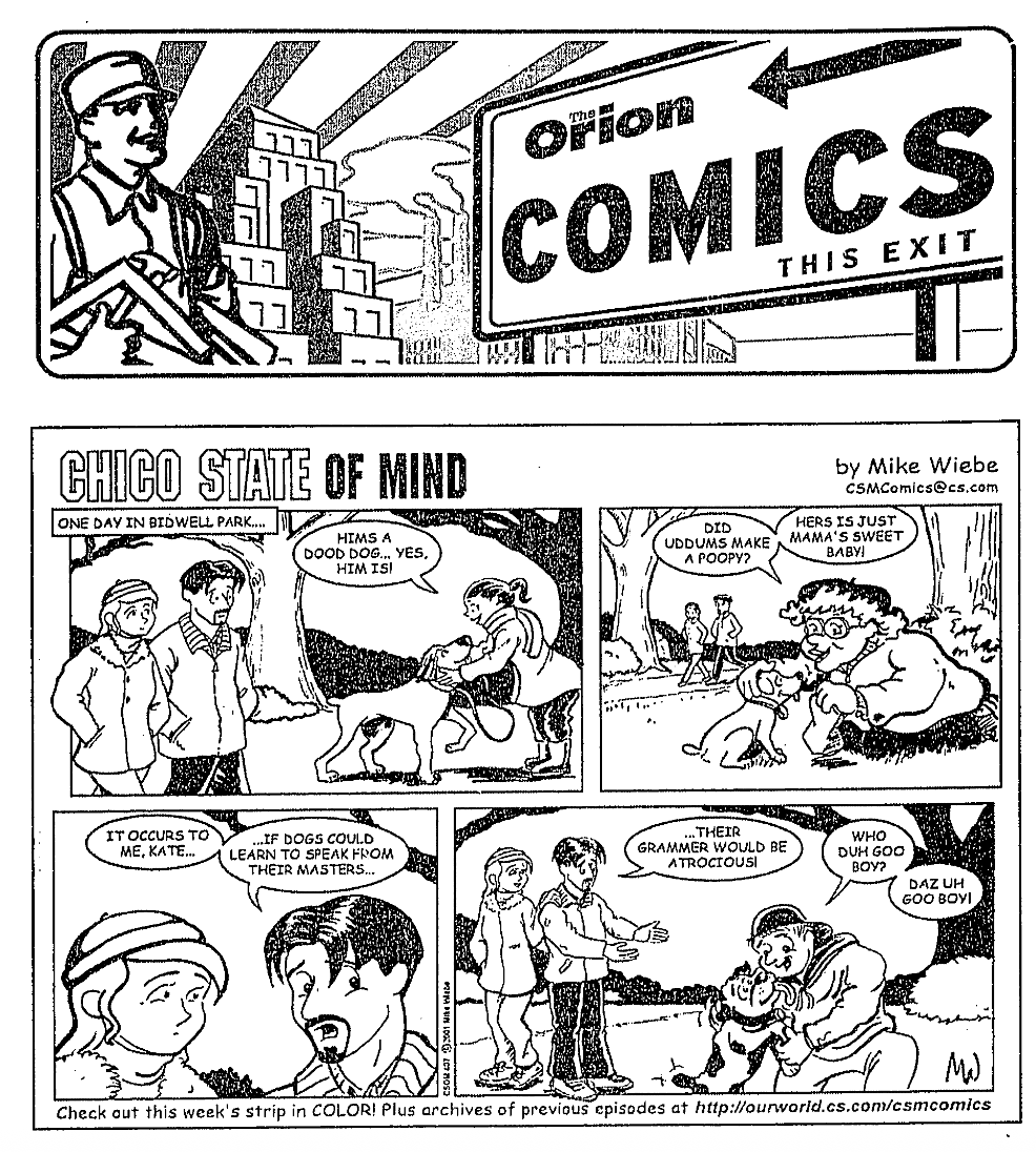 Comic strips in a Feb. 14, 2001 issue of The Orion. Screenshot from the Meriam Library archives.