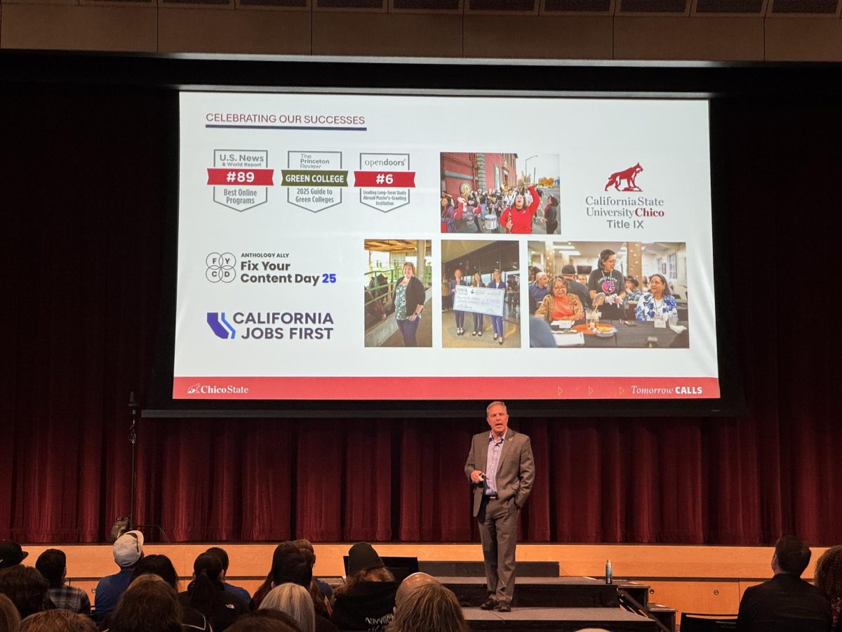 President Steve Perez stood in front of a crowd of students, faculty and staff in the Bell Memorial Union to present this year's State of the University. Photo taken by Chris Hutton on Feb. 4, 2026