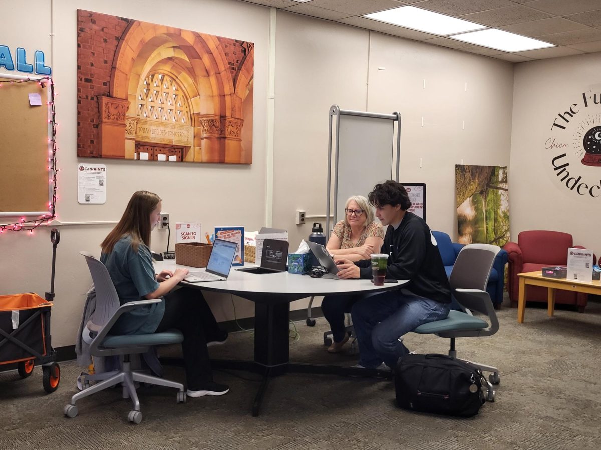 Marissa Hart, Sue Peterson and Jordan Johnson collaborate in the Transfer/Undeclared Student Lounge to strength the Transfer Year Experience program. Photo taken by Merri Shiger on March 11, 2026.