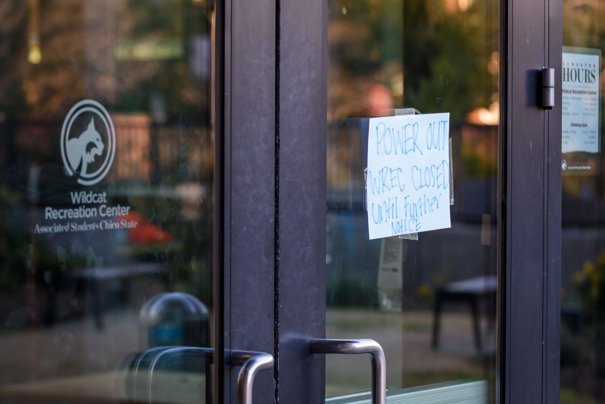 A sign indicating the Wildcat Recreation Center's closure due to a power outage on campus and the surrounding community is seen on Monday, Mar. 9, 2026 in Chico, Calif. 
(Dash Ferrero/The Orion)