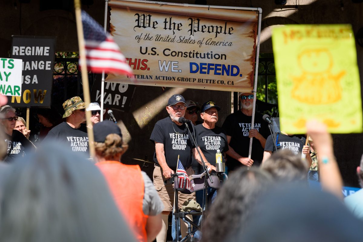 Members of Veteran Action Group speak in Chico City Plaza during the No Kings protest &amp; Festival for Democracy. Photo taken by Dash Ferrero on March 28, 2026.