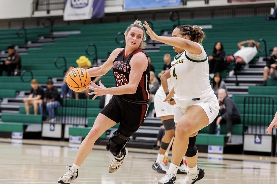 Parry driving to the basket against a Cal Poly Pomona defender during the CCAA semifinal game. Photo taken by Will G. MacNeil on Mar. 6.