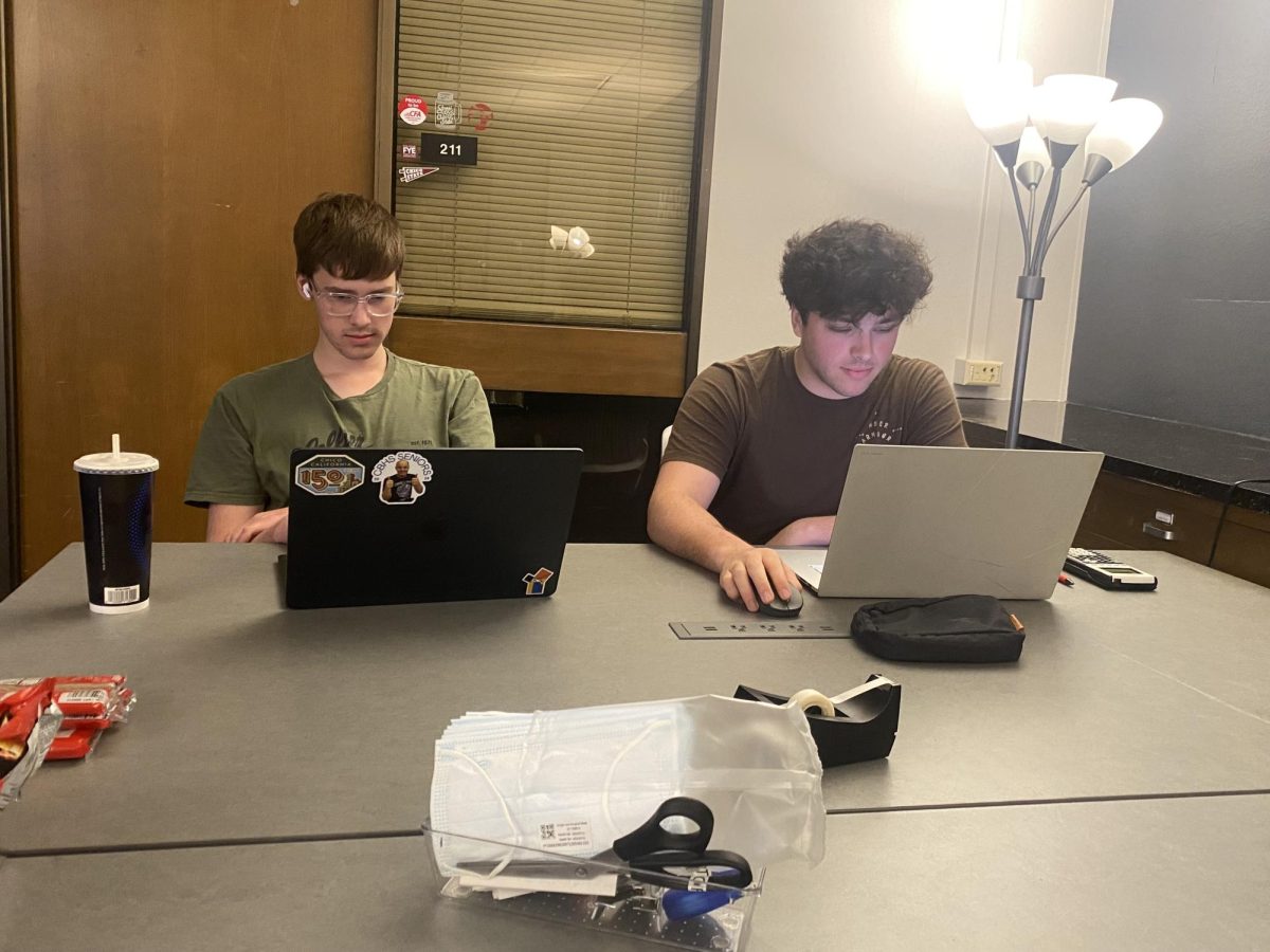 Ethan Lewis on the right (freshman) and Elias Haselton (sophomore) on the left studying in the Honors Lounge of the Meriam Library. Photo taken by Lucy Bakowski, March 30, 2026.