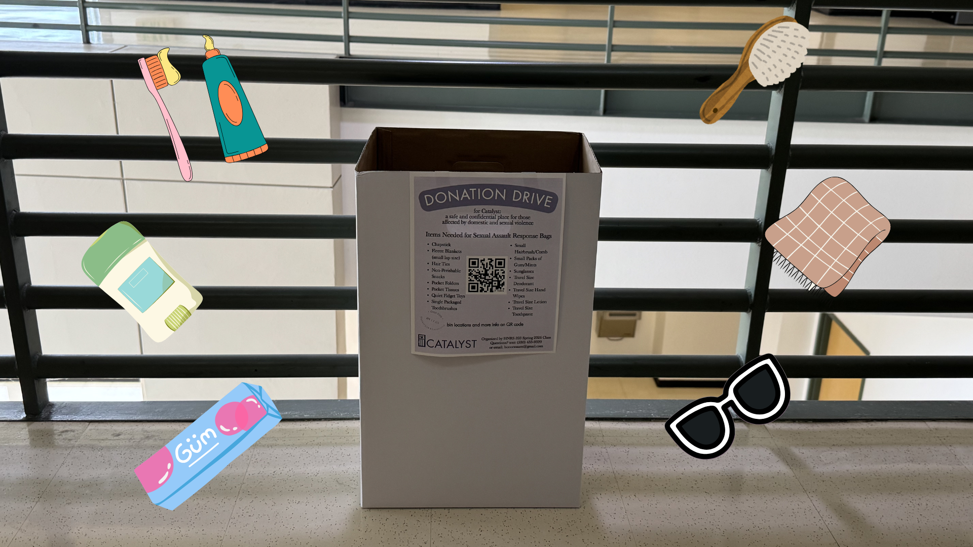 Donation bin can be found in various areas around campus, such as the second floor of Yolo Hall. Graphic made using Canva. 