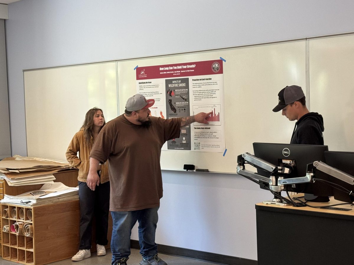 From left to right: Mallory Miller, Bobby Gordon and Jack Wright. The students presented on the dangers of smoke from wildfires to the class. Photo taken by Chris Hutton on April 22, 2026. 