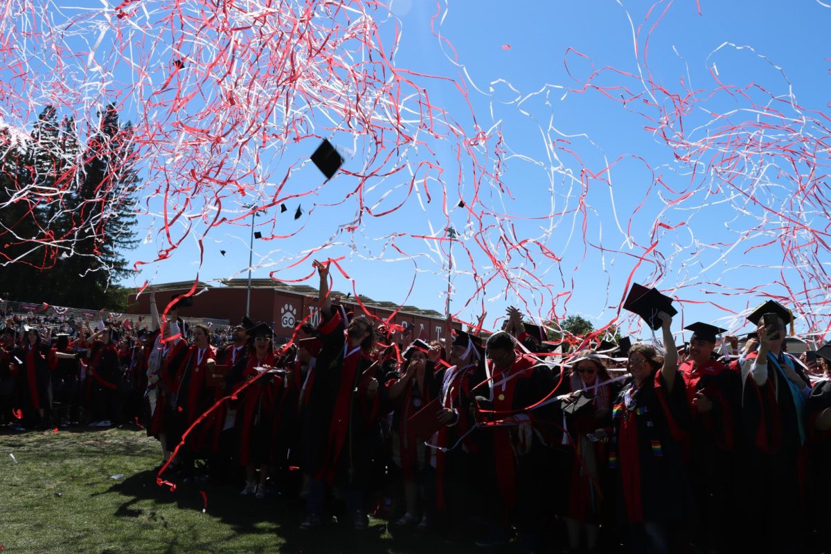 Graduates throw their caps in the air to celebrate their degrees. Photo taken by Grace Payne May 17, 2026. 