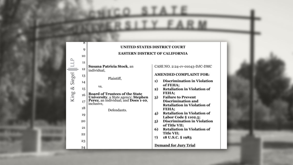 The former dean of the College of Agriculture, Patricia Stock, is suing President Steve Perez and the CSU Board of Trustees, alleging retaliation and discrimination. Graphic created by Nadia Hill. 